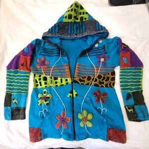 Womans Colorful Embroidered Floral and Design Patchwork Hoodie Size MD NEW Zip